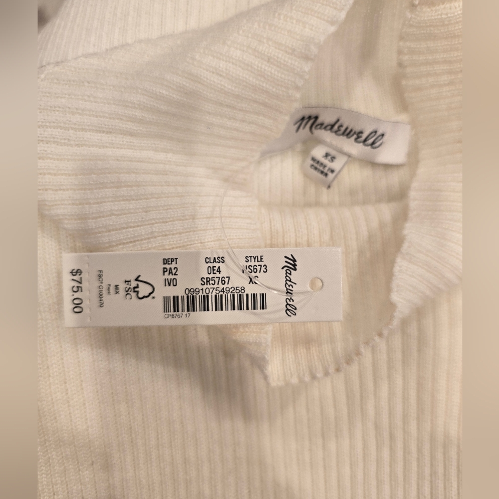 NWT Madewell Ribbed Merino Wool Mockneck Sweater Tee ivory xs $75 *flaw* - Picture 9 of 14